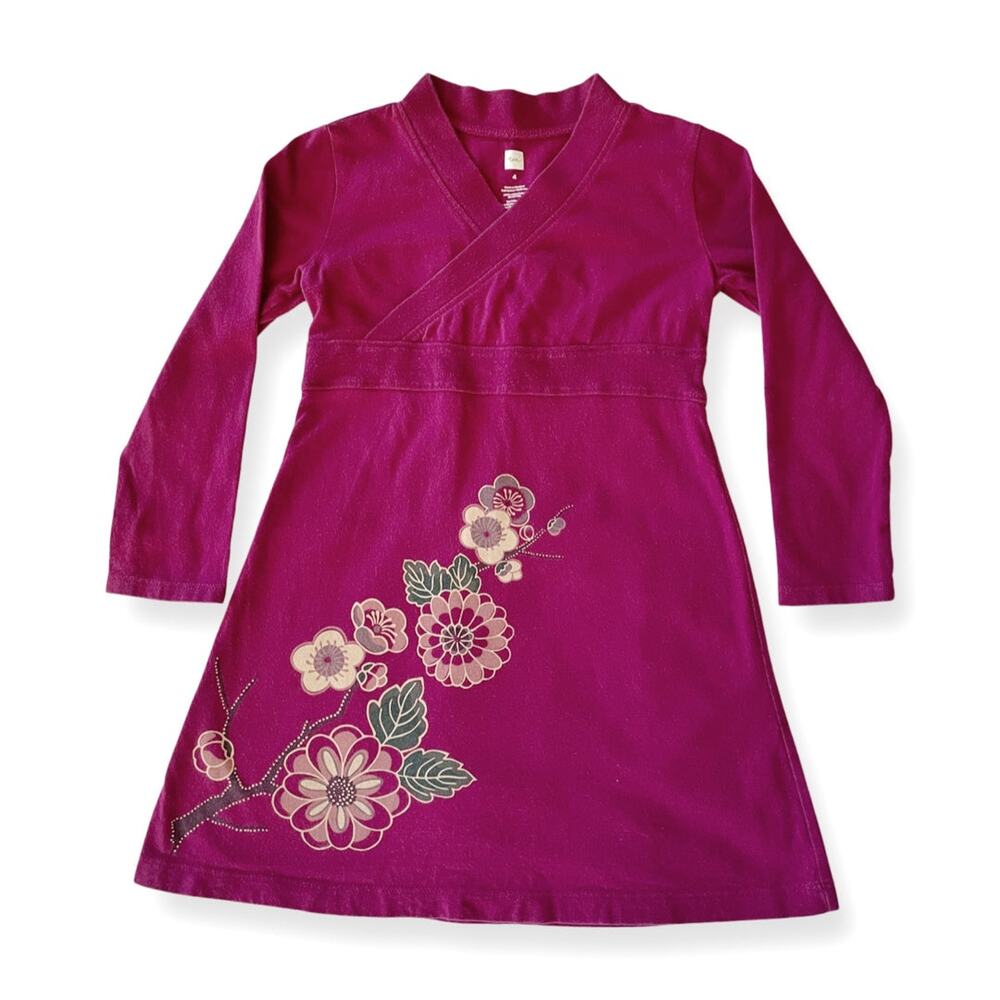 Tea Collection Magenta Kimono-Style Floral Print Dress - 4T